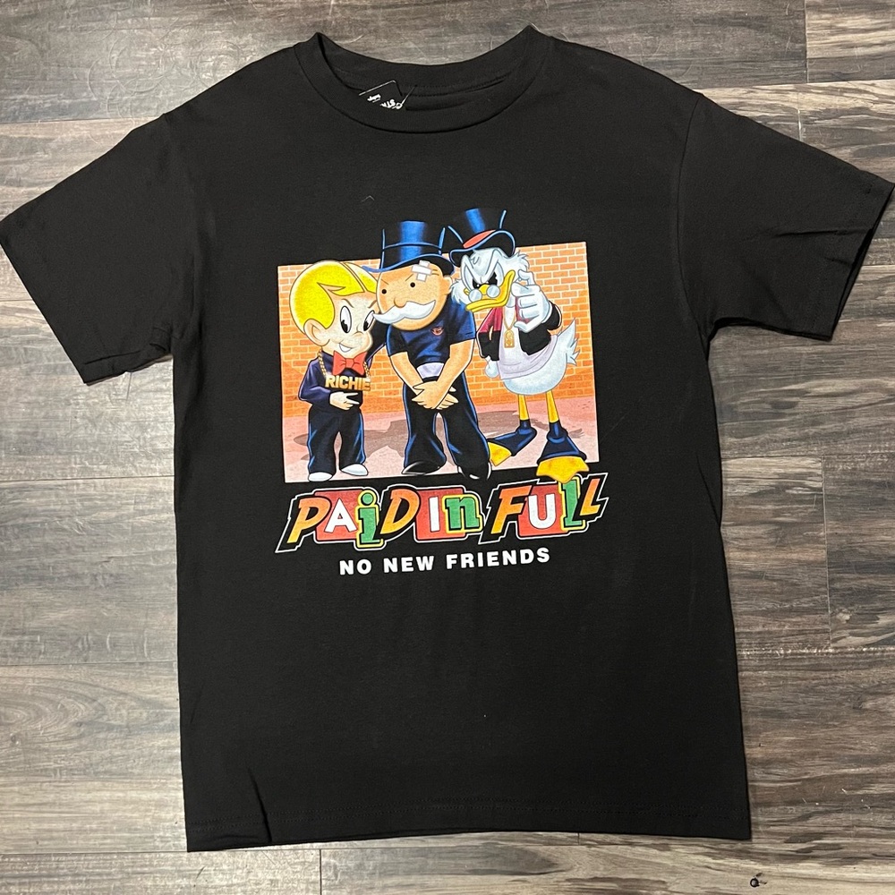 Paid in Full Black Graphic T-Shirt with Cartoon Characters